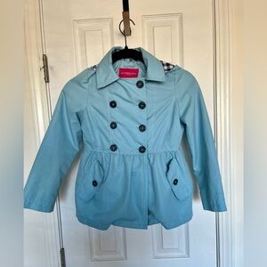 London Fog Girls Blue Double-Breasted Raincoat with Hood